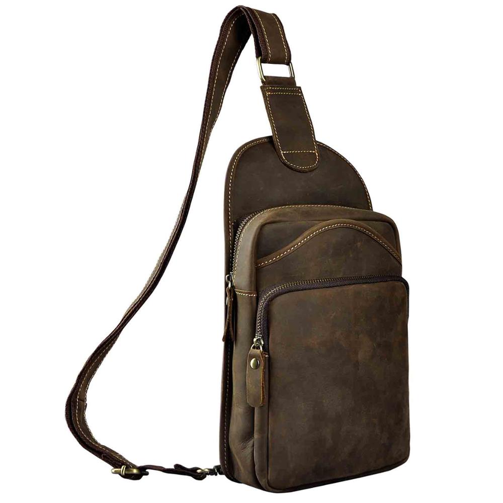 Le'aokuu Men Crazy Horse Leather Casual Vintage Chest Bag Sling Bag Design One Shoulder Bag Crossbody Bag For Male 9977D