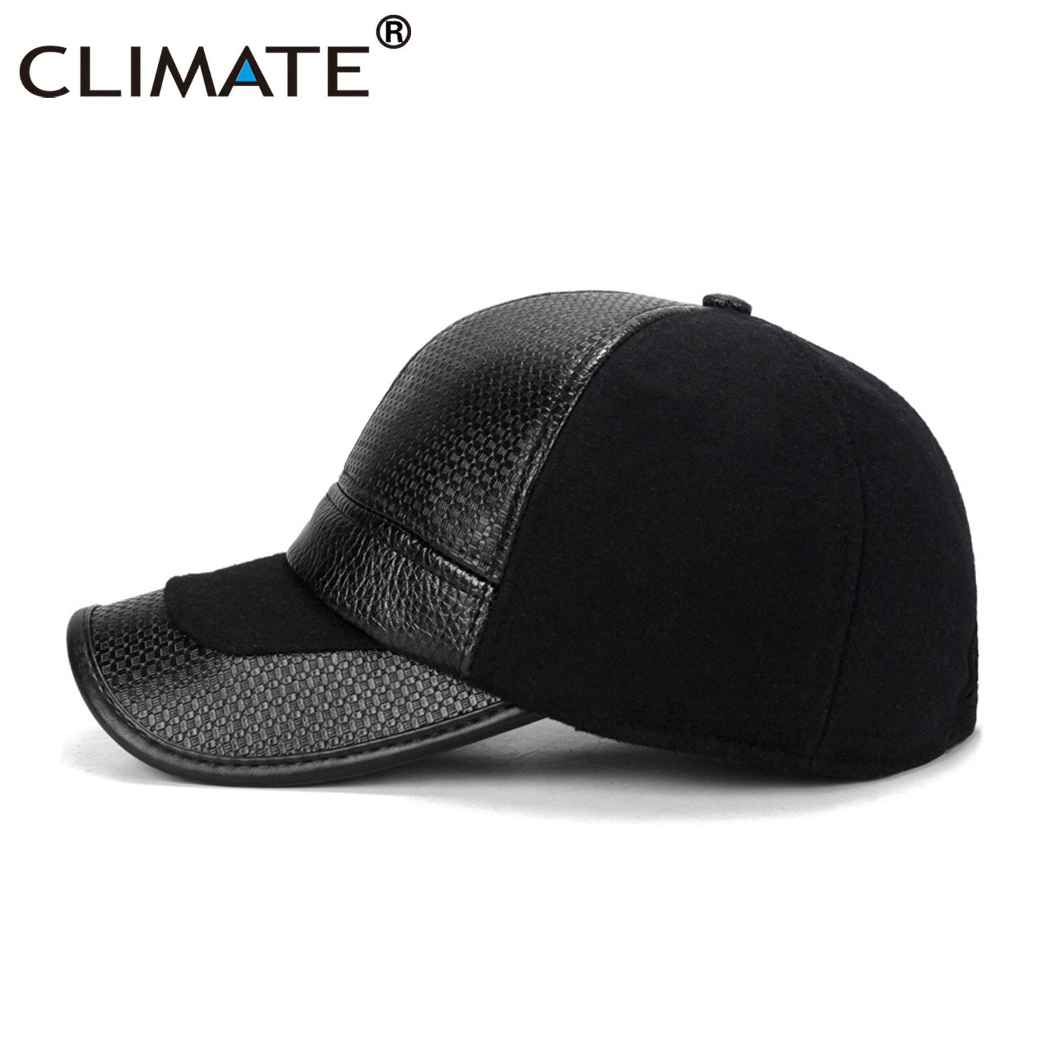 CLIMATE Man Warm Baseball Cap with Earmuff Men Winter PU Leather Hat Caps Black