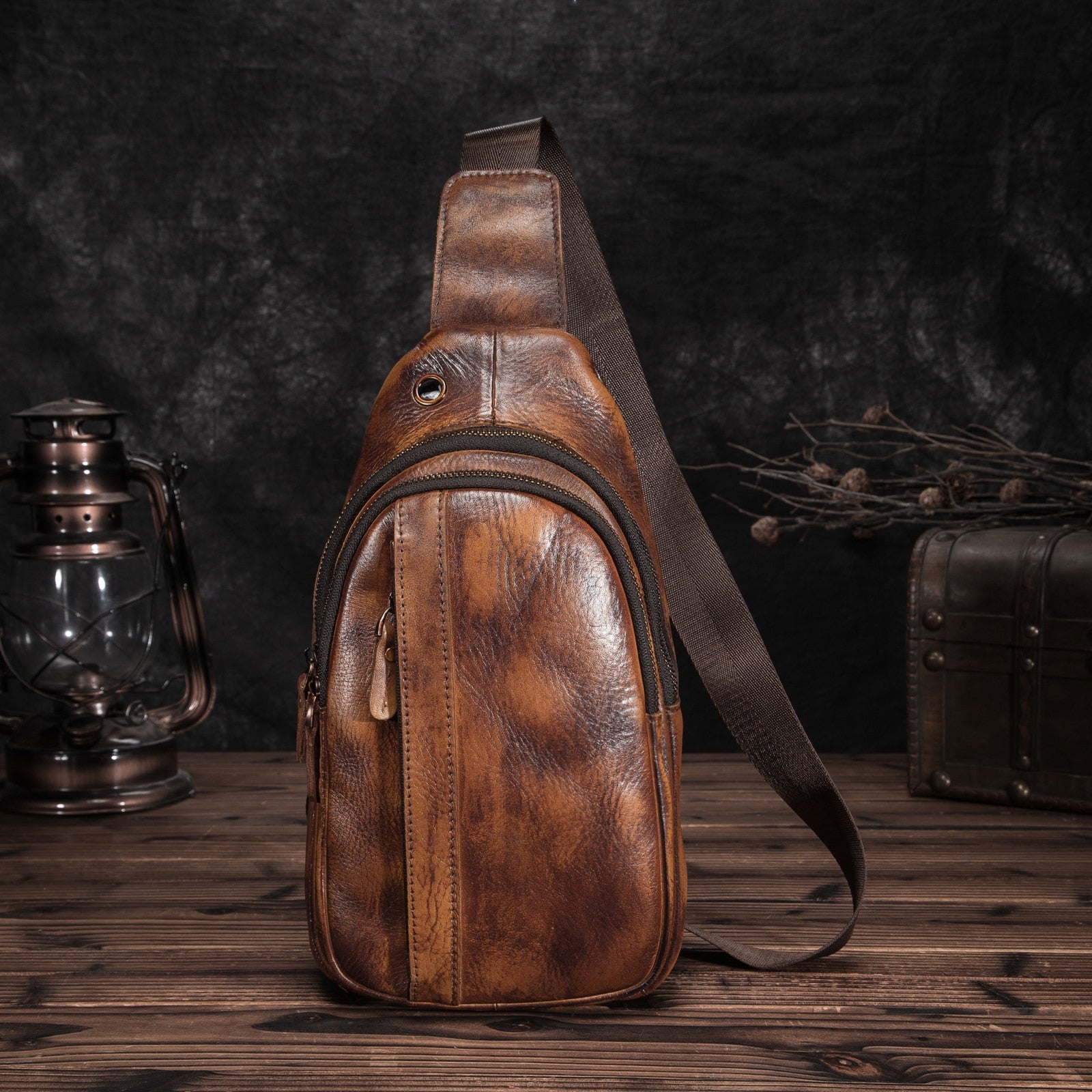 Men Leather Casual Fashion Triangle Chest Sling Bag 8" Tablet Brown Travel Design One Shoulder Bag Cross body Bag Male 010G