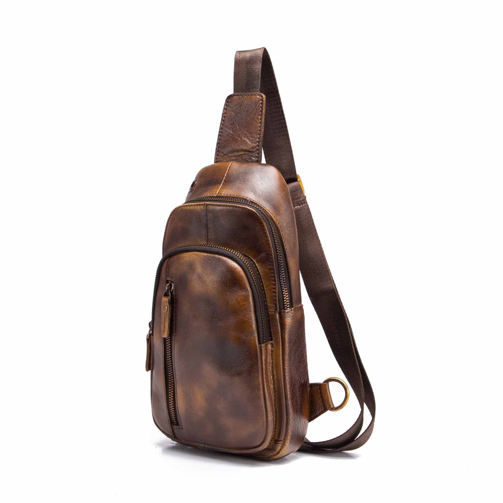 Real Genuine Leather Design Triangle Sling Chest Bag For Men Male Travel One Shoulder Strap Bag 8" Tablet Umbrella Daypack 8005