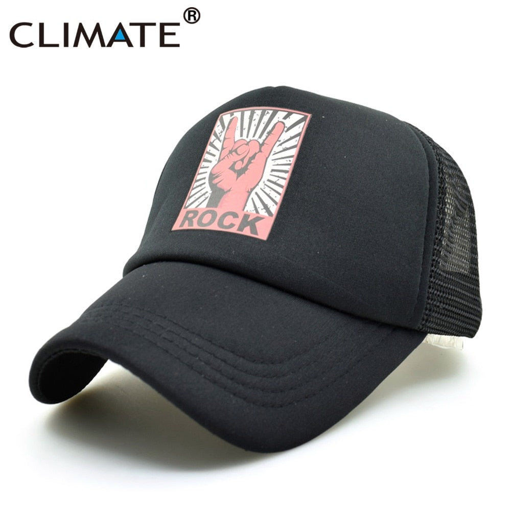 CLIMATE Rock Fan Trucker Caps Mesh Hat Metal Rock and Roll Music Cap Men Black Cool Summer Baseball Cap Black Trucker Caps Hat