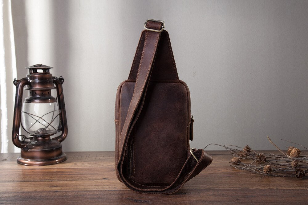 Men Quality Leather Fashion Casual Triangle Chest Sling Bag Brown 8" Tablet Tea