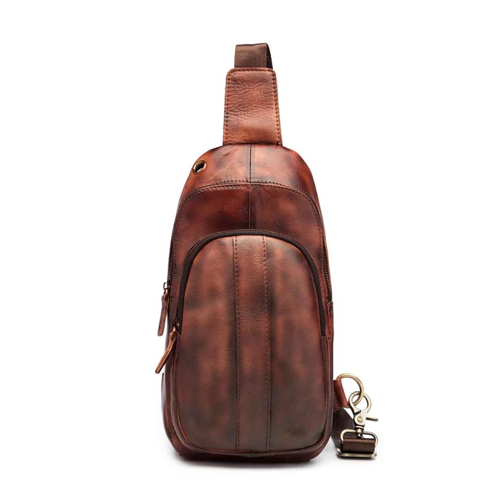 Men Retro Original Leather Casual Design Chest Sling Bag Fashion Travel One Shoulder Bag 8" Tablet Umbrella Daypack Male 8006