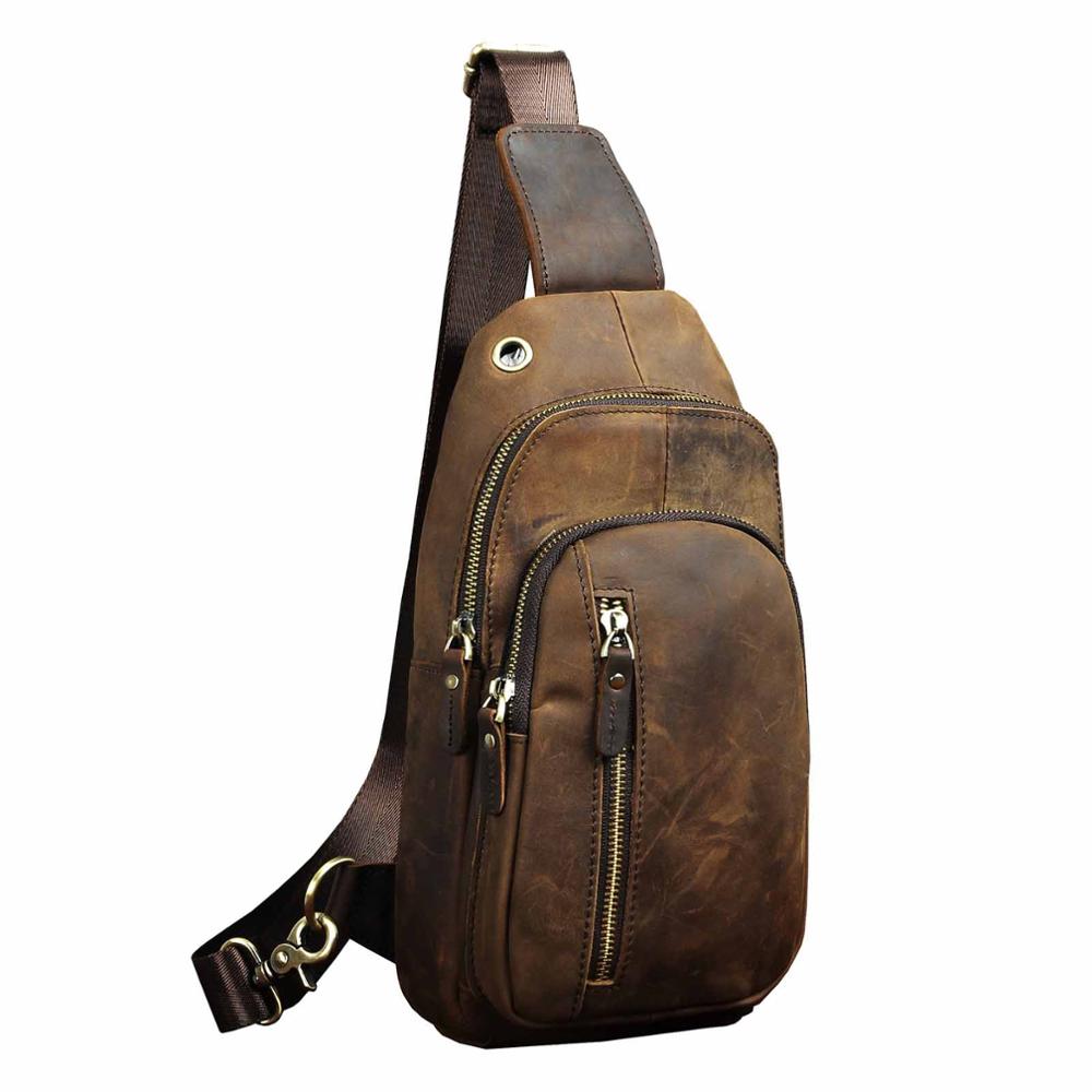 Real Genuine Leather Design Triangle Sling Chest Bag For Men Male Travel One Shoulder Strap Bag 8" Tablet Umbrella Daypack 8005