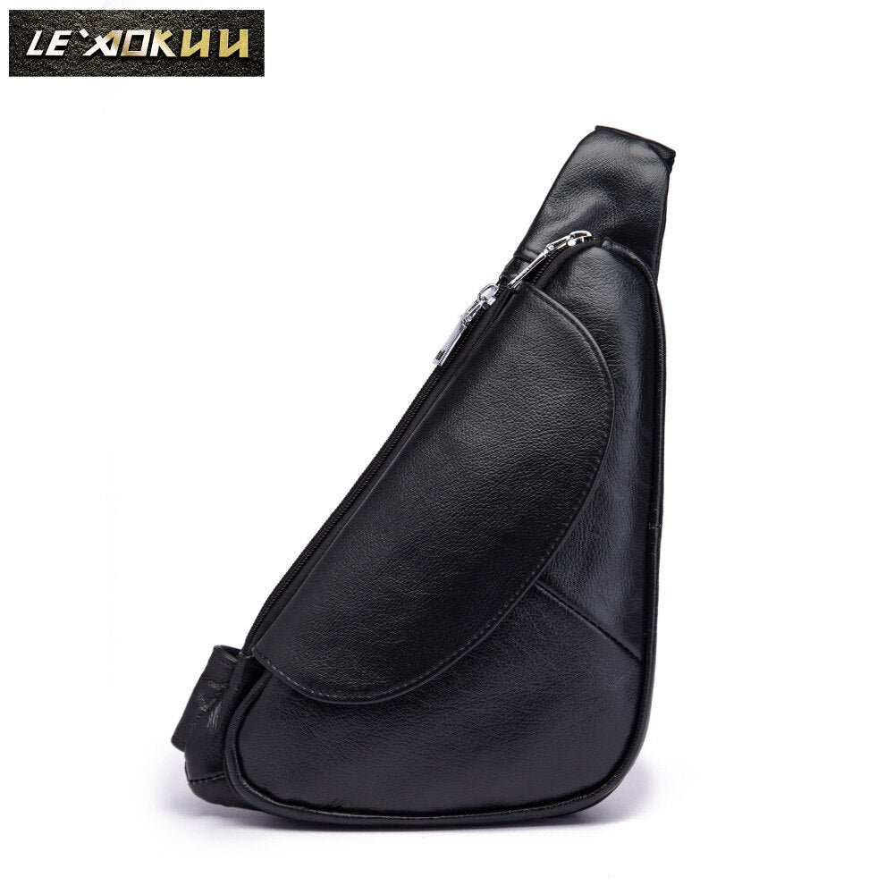 Men Original Leather Casual Fashion Chest Sling Bag 7" Tablet Umbrella Black Design One Shoulder Daypack Crossbody Bag Male 696