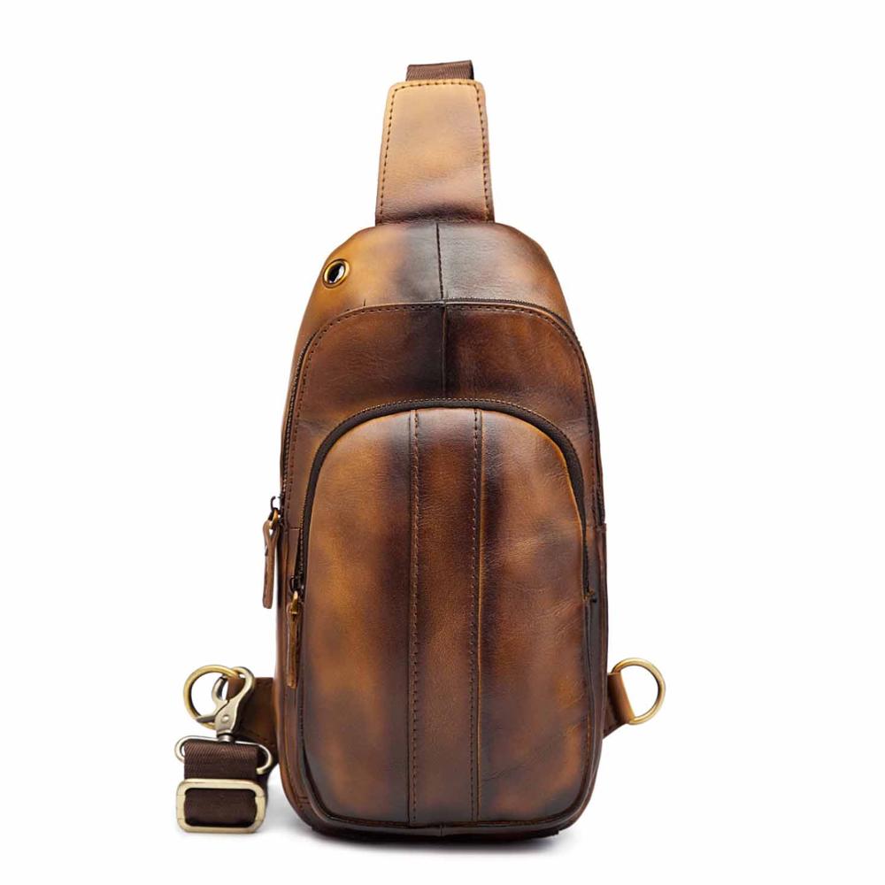 Men Retro Original Leather Casual Design Chest Sling Bag Fashion Travel One Shoulder Bag 8" Tablet Umbrella Daypack Male 8006