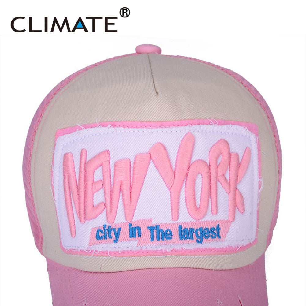 CLIMATE New York City Trucker Cap Men Summer Cool Mesh Man Baseball Caps Net Sky Pink Rose Breathable Hat for Adult Men Women