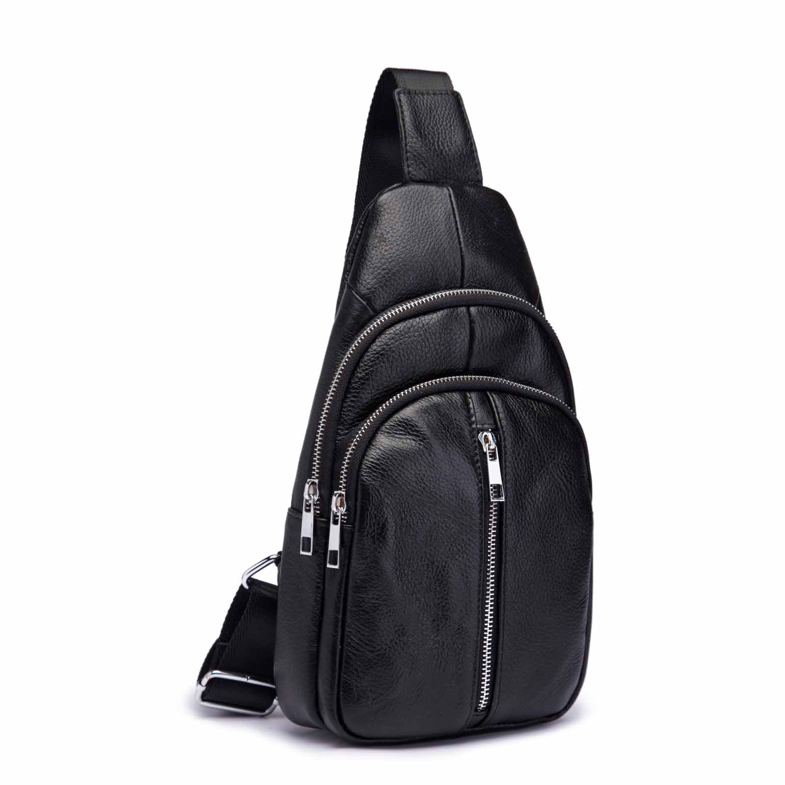 Men Original Leather Casual Fashion Chest Sling Bag 8" Tablet Umbrella Black Design One Shoulder Daypack Crossbody Bag Male 155