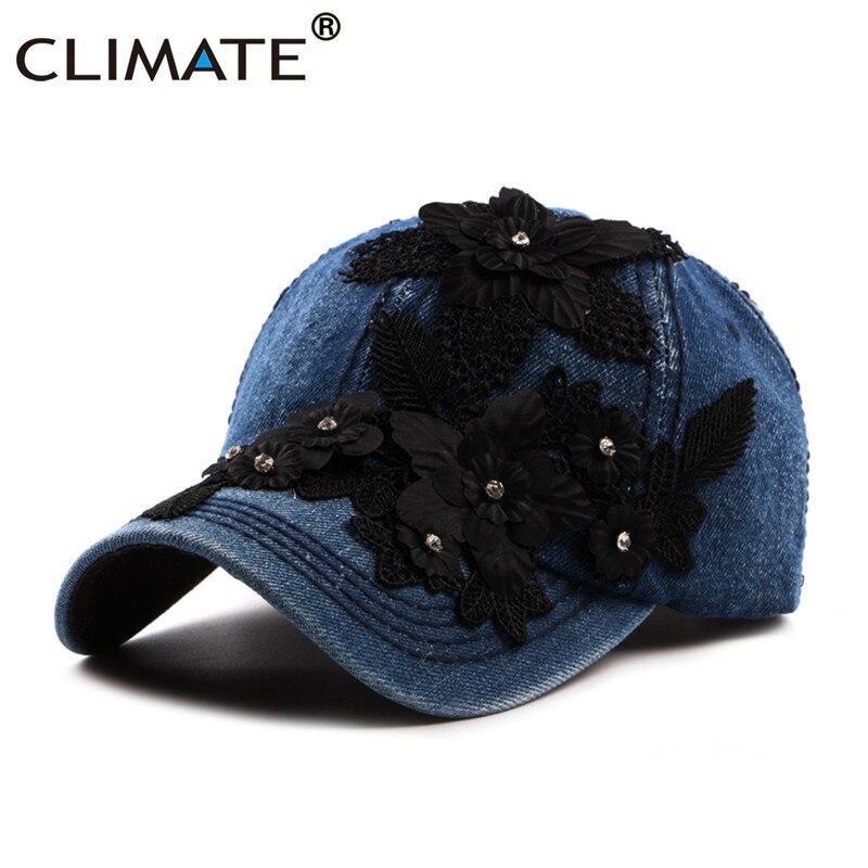 CLIMATE Women Denim Baseball Cap Hat Women Fashion Flower Caps Floral Denim Jeans Wear Cap Women Cool Hat Caps for Women Girls