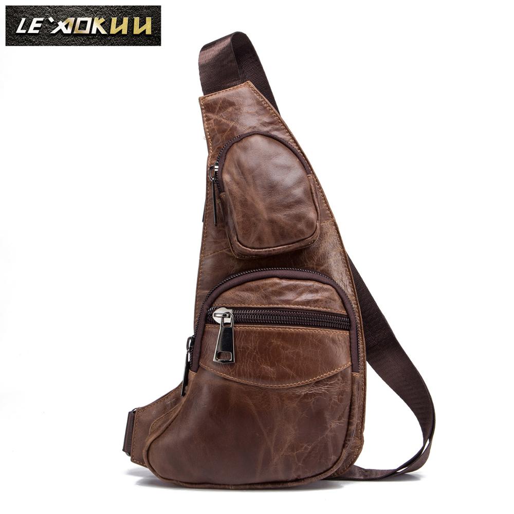 Men Leather Casual Fashion Triangle Chest Sling Bag 7" Tablet Coffee Travel Design One Shoulder Bag Cross body Bag Male 2021