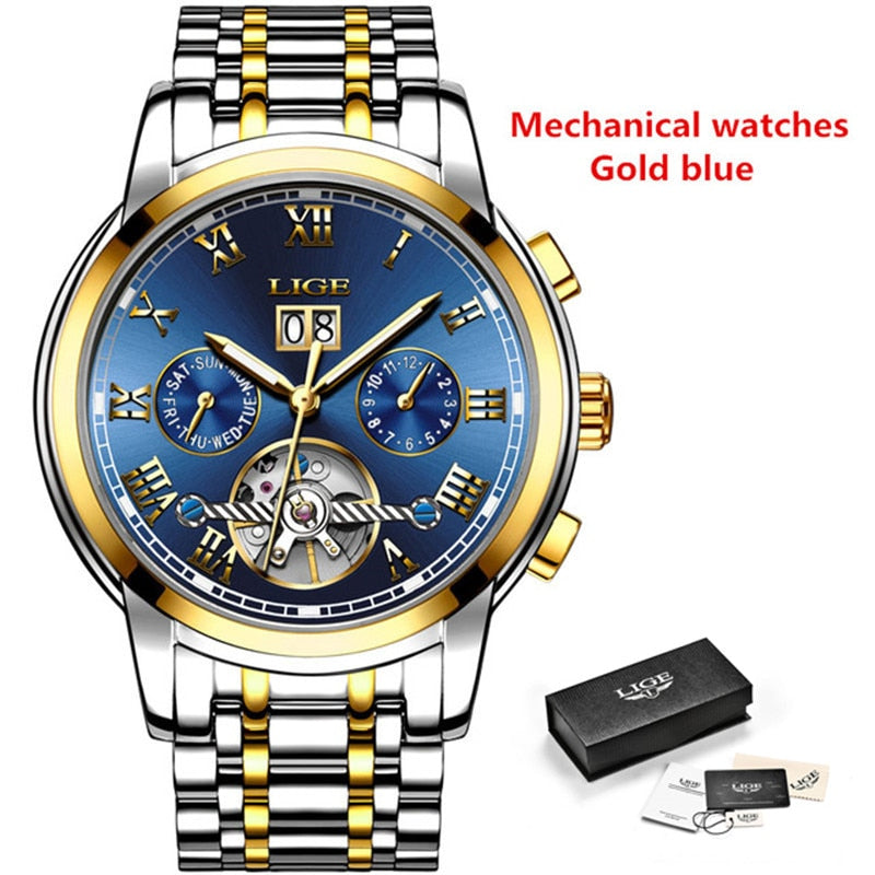 Relogio Masculino LIGE Mens Watches Top Brand Luxury Automatic Mechanical Watch Men Full Steel Business Waterproof Sport Watches