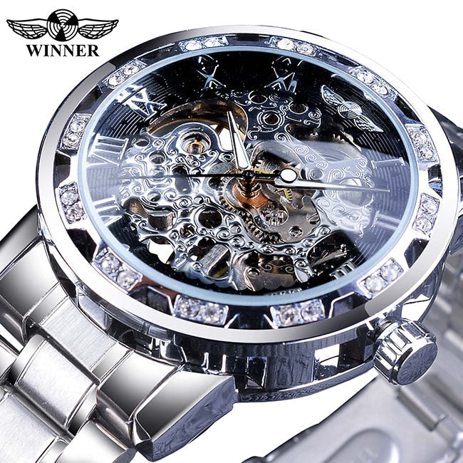 Winner Transparent Diamond Mechanical Watch Blue Stainless Steel Skeleton Watch