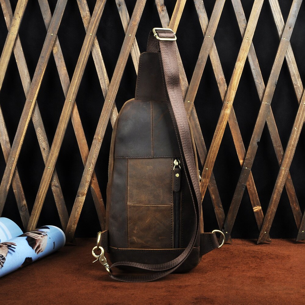 Real Genuine Leather Design Triangle Sling Chest Bag For Men Male Travel One Shoulder Strap Bag 8" Tablet Umbrella Daypack 8005