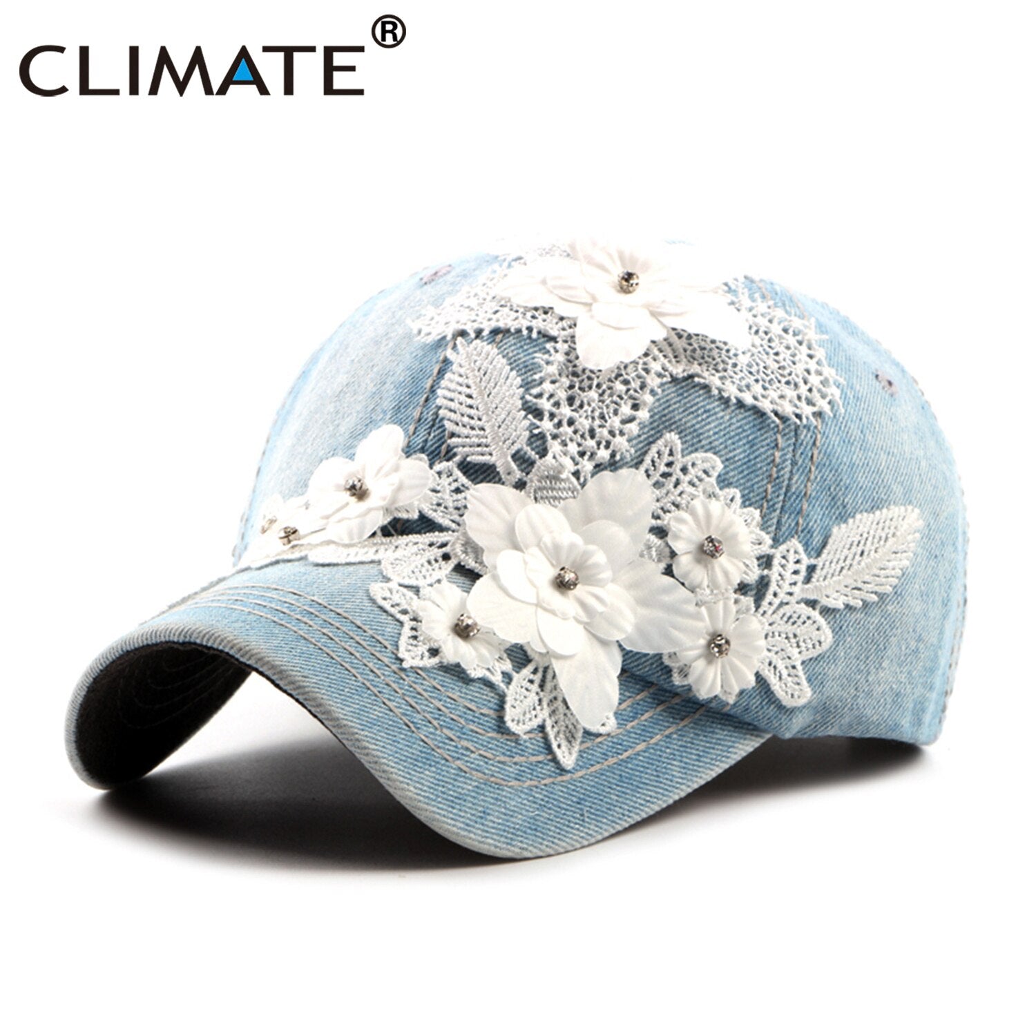 CLIMATE Women Denim Baseball Cap Hat Women Fashion Flower Caps Floral Denim Jeans Wear Cap Women Cool Hat Caps for Women Girls