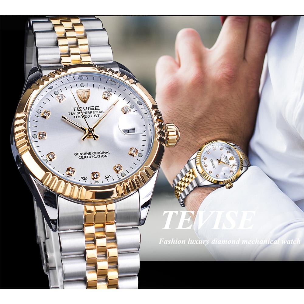 TEVISE Diamond Dial 30M Waterproof White Golden Stainless Steel Luminous Hand Date Clock Male Sports Automatic Mechanical Watch