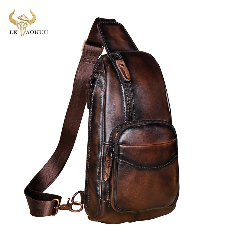 New Men Original Cow Leather Casual Coffee Design Travel Triangle Chest Sling One Shoulder Bag Fashion Cross-body Bag Male 8012