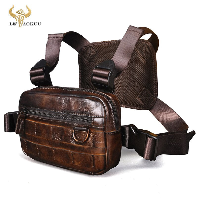 Quality Leather Retro Streetwear Men's Designer Hip-Hop Two Straps Chest Rig Bag Fashion Rectangle Chest Utility Pack 281