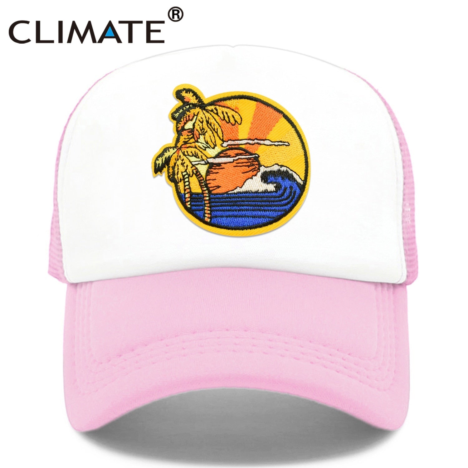 CLIMATE Seaside View Trucker Cap Hat Sandbeach Sight Vacation Cap Coconut Holiday Mesh Cap Surfing Sunrise Sea Wave Cool Hat Cap