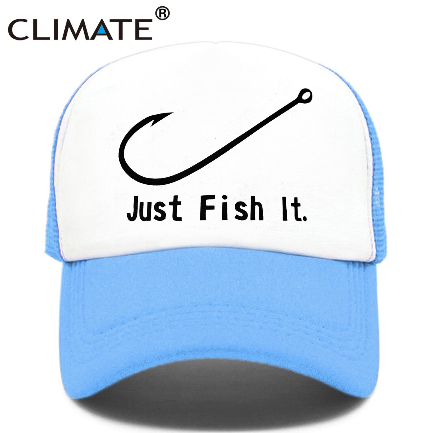 CLIMATE Fishing Cap Fish Hook Trucker Cap Just Fish It Cap Men Funny Pike Fish Fishing Cap for Man Hook Cap Summer Cool Mesh Cap