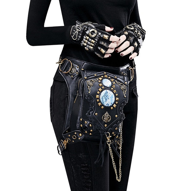 Norbinus Leather Rivet Women Drop Leg Bag Steampunk Retro Rock Waist Belt Bag Men Motorcycle Crossbody Shoulder Bags Phone Pouch