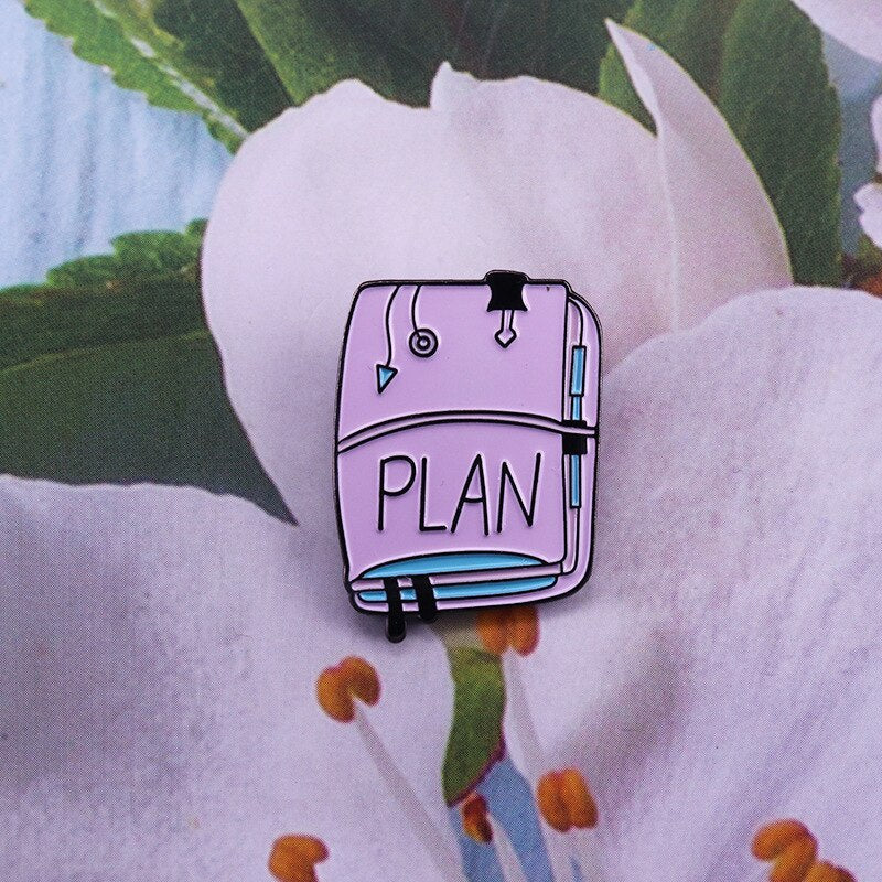 "Plan"-notebook brooch planning, traveler brooch cartoon Pink clothes bag accessories