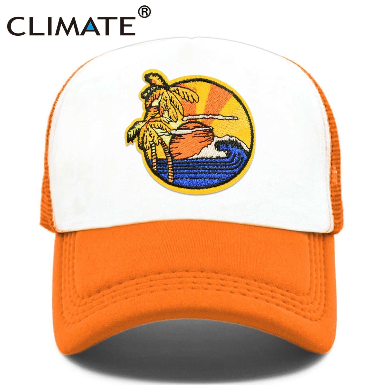 CLIMATE Seaside View Trucker Cap Hat Sandbeach Sight Vacation Cap Coconut Holiday Mesh Cap Surfing Sunrise Sea Wave Cool Hat Cap