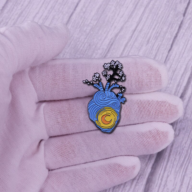 Van Gogh painting starry moon night inspired brooch anatomical heart flower badge