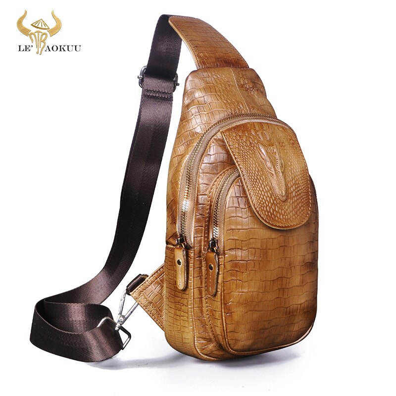 2021 New Men Soft Real Leather Fashion Triangle Chest Sling Bag 8" Tablet Design One Shoulder Bag Cross body Bag Male 5016