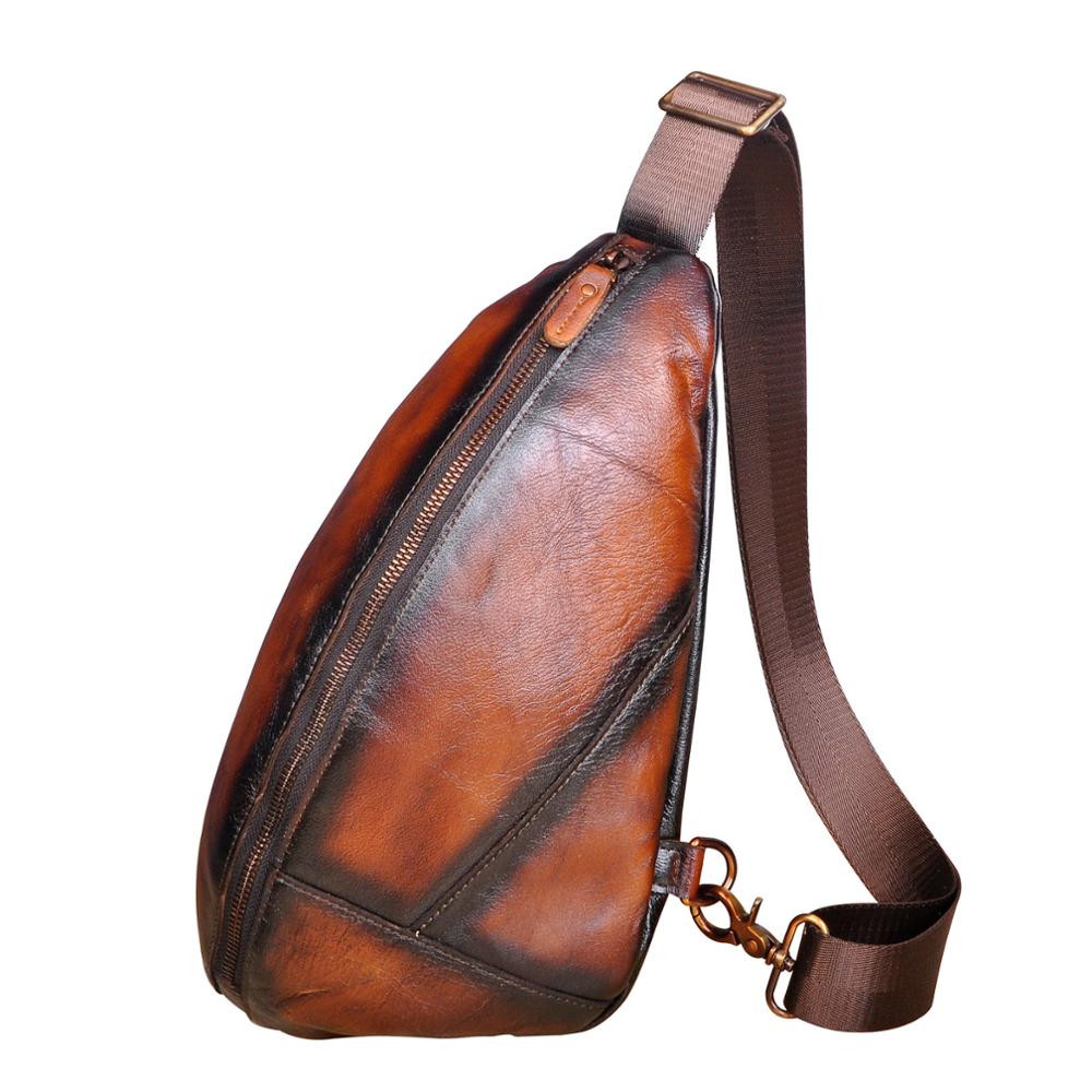 Men Original Leather Casual Triangle Chest Sling Bag 7" Tablet Design One Shoulder Bag Fashion Cross-body Bag Day-pack Male 5059