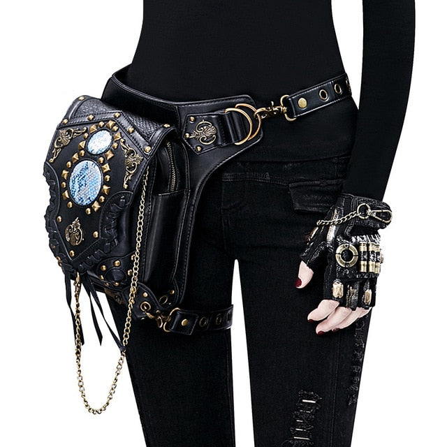 Norbinus Leather Rivet Women Drop Leg Bag Steampunk Retro Rock Waist Belt Bag Men Motorcycle Crossbody Shoulder Bags Phone Pouch