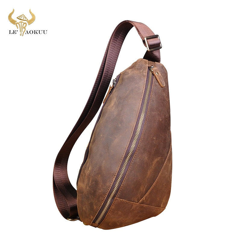 Men Original Leather Casual Triangle Chest Sling Bag 7" Tablet Design One Shoulder Bag Fashion Cross-body Bag Day-pack Male 5059