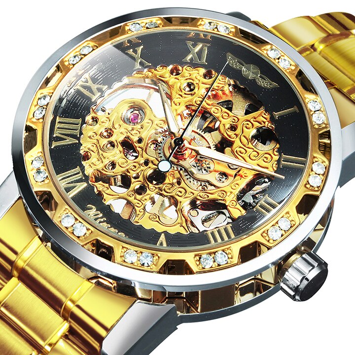 Winner Transparent Fashion Diamond Luminous Royal Design Mens Watches Top Brand Luxury Male Mechanical Skeleton Gold Wrist Watch