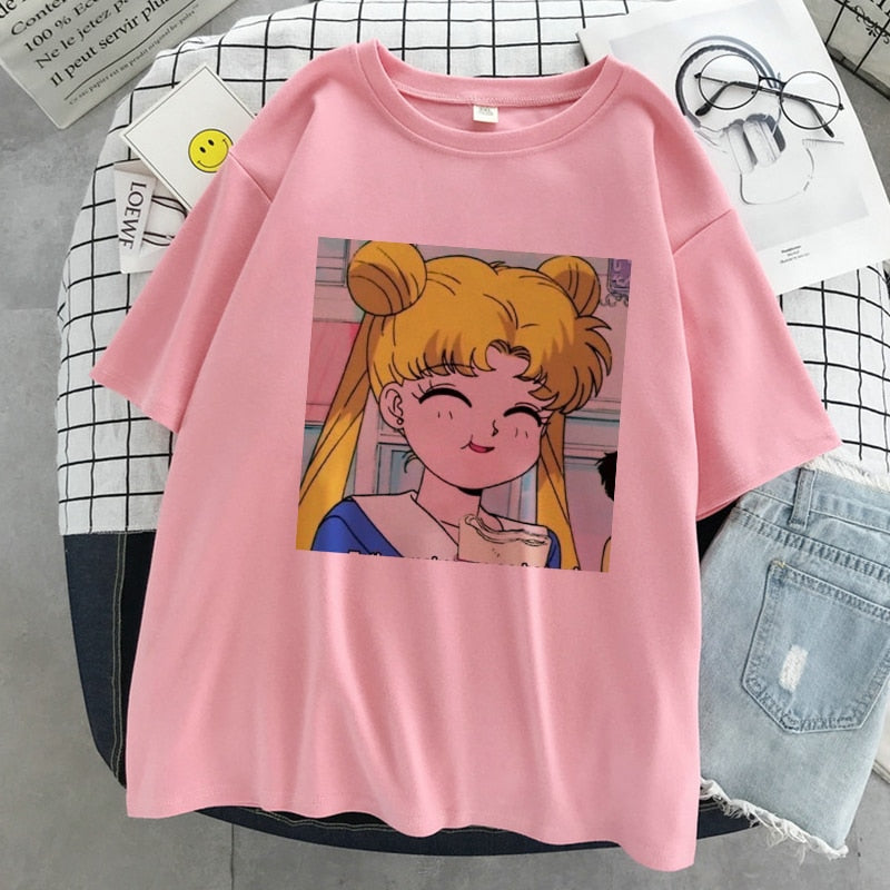 Sailor Moon Kawaii Graphic Print T-shirt Women Sailor Moon White Top Streetwear