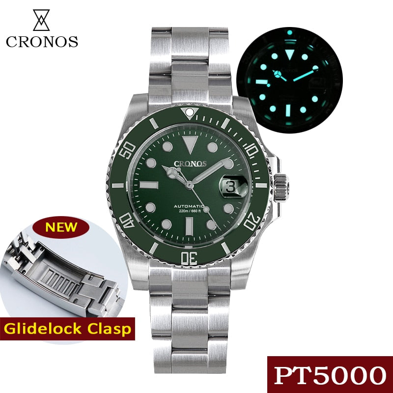 Cronos Diver Luxury Men Watch Stainless Steel PT5000 Bracelet Ceramic Rotating Bezel 200 meters Water Resistant Glidelock