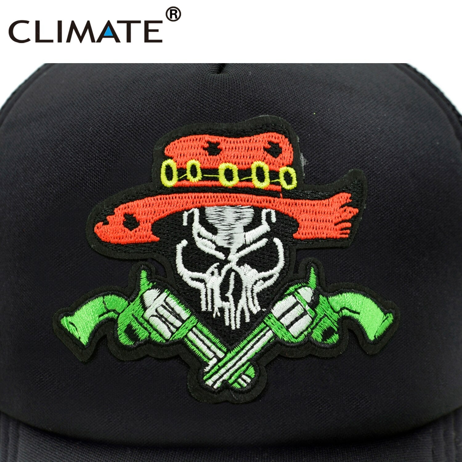 CLIMATE  West Cowboy Men Trucker Cap Cool Skeleton Pistol Gun Skull Cap Summer Black Baseball Caps Mesh Cap Hat for Men