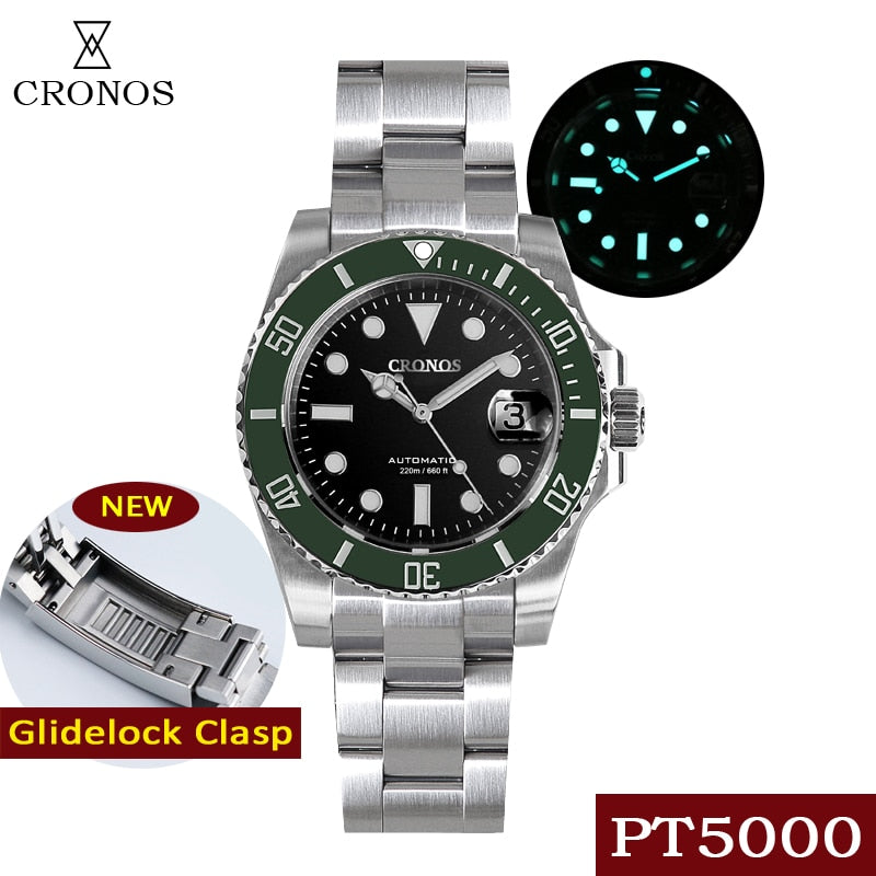 Cronos Diver Luxury Men Watch Stainless Steel PT5000 Bracelet Ceramic Rotating Bezel 200 meters Water Resistant Glidelock