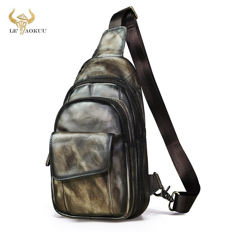 Luxury Quality Leather Fashion Wine Triangle Sling Chest Bag 8" Tablet Design Travel One Shoulder Cross body Bag Male 8013