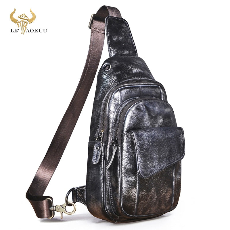 Luxury Quality Leather Fashion Wine Triangle Sling Chest Bag 8" Tablet Design Travel One Shoulder Cross body Bag Male 8013