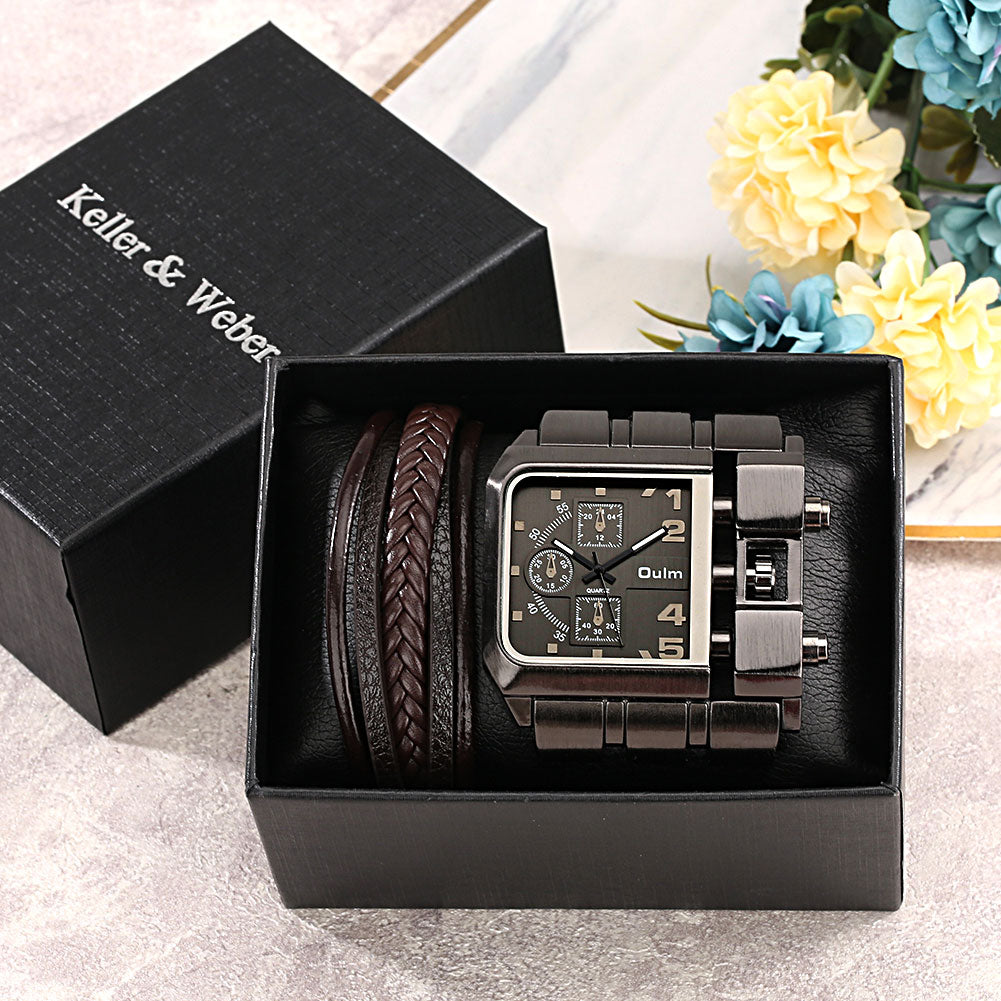 Top Brand Luxury Fashion Men Wristwatch Gold Stainless Steel Sport Square Digital Big Dial Quartz Watches Gift Set Reloj Hombre