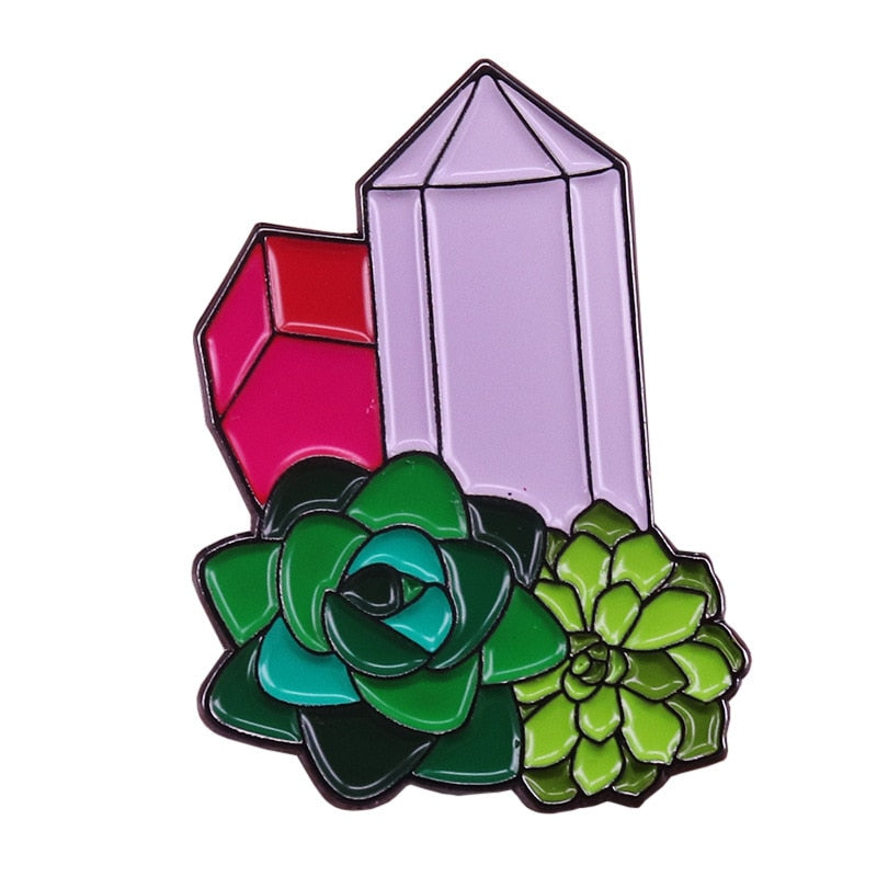 Three-dimensional geometric quartz badge with beautiful flowers and crystal cluster brooch