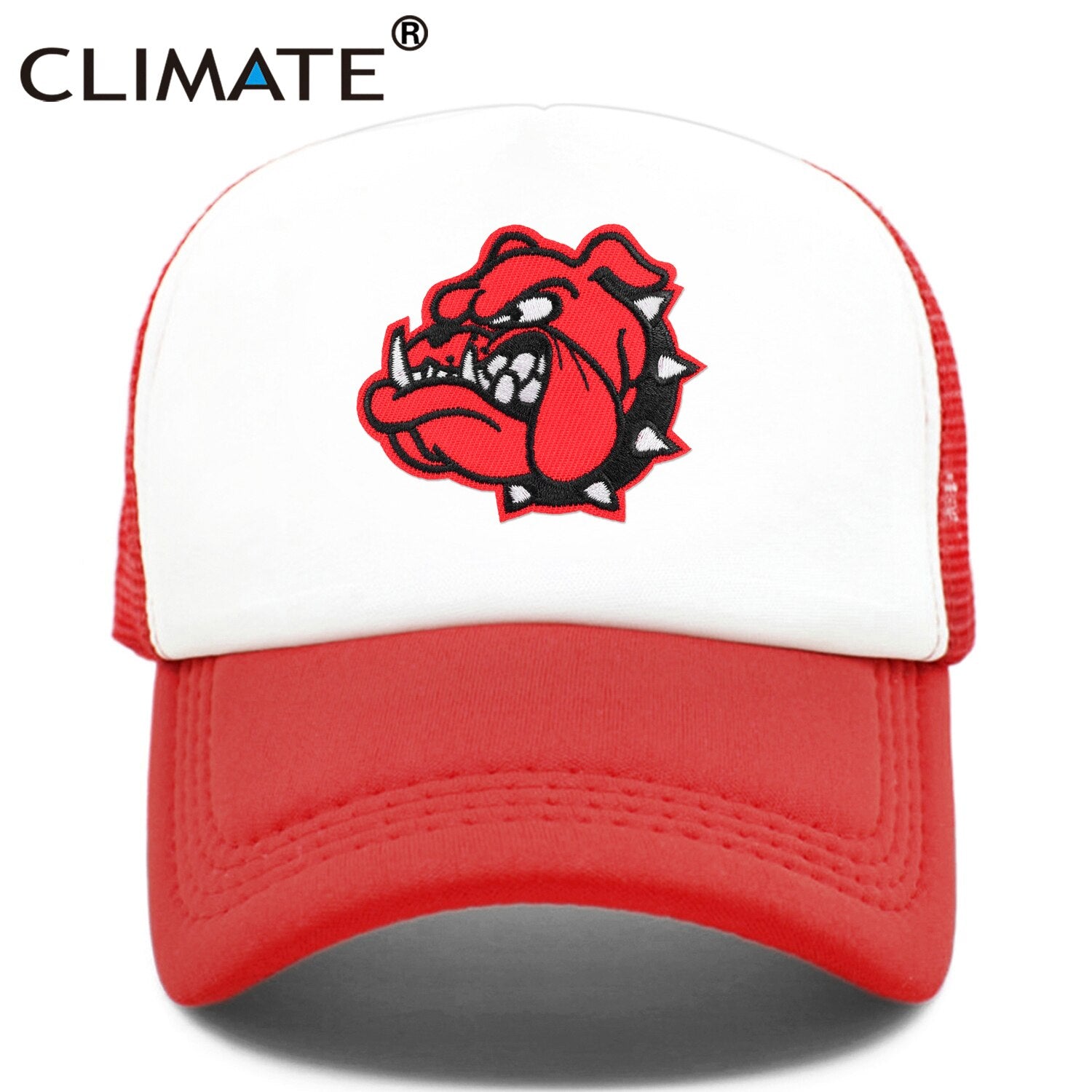 CLIMATE Cool Pitbull Dog Cap New Bulldog Trucker Cap Fierce Feral Red Dog Cartoon Mesh Cap Hip Hop Summer Hat Caps for Men