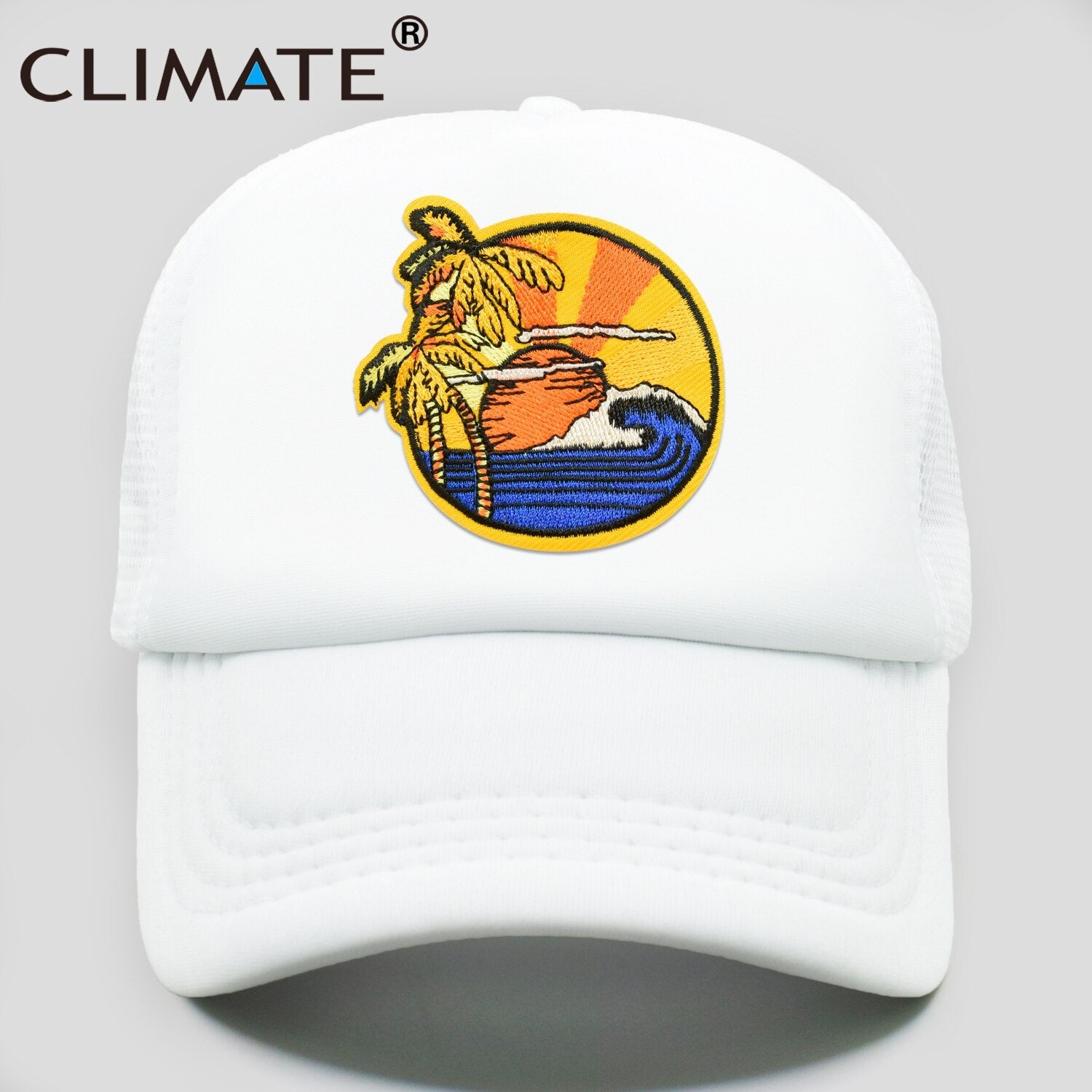 CLIMATE Seaside View Trucker Cap Hat Sandbeach Sight Vacation Cap Coconut Holiday Mesh Cap Surfing Sunrise Sea Wave Cool Hat Cap