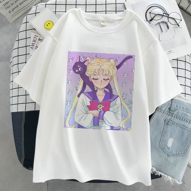 Sailor Moon Kawaii Graphic Print T-shirt Women Sailor Moon White Top Streetwear