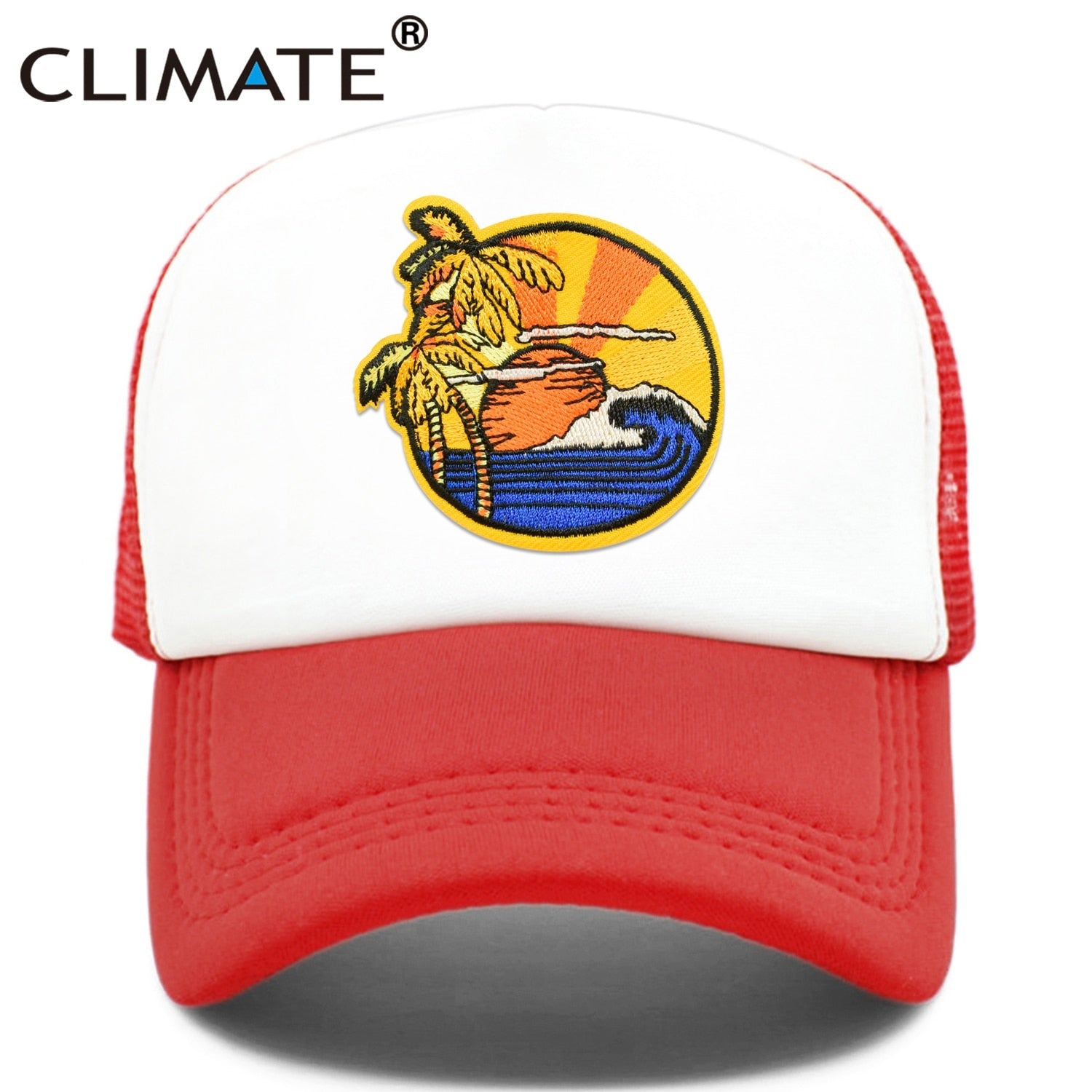 CLIMATE Seaside View Trucker Cap Hat Sandbeach Sight Vacation Cap Coconut Holiday Mesh Cap Surfing Sunrise Sea Wave Cool Hat Cap