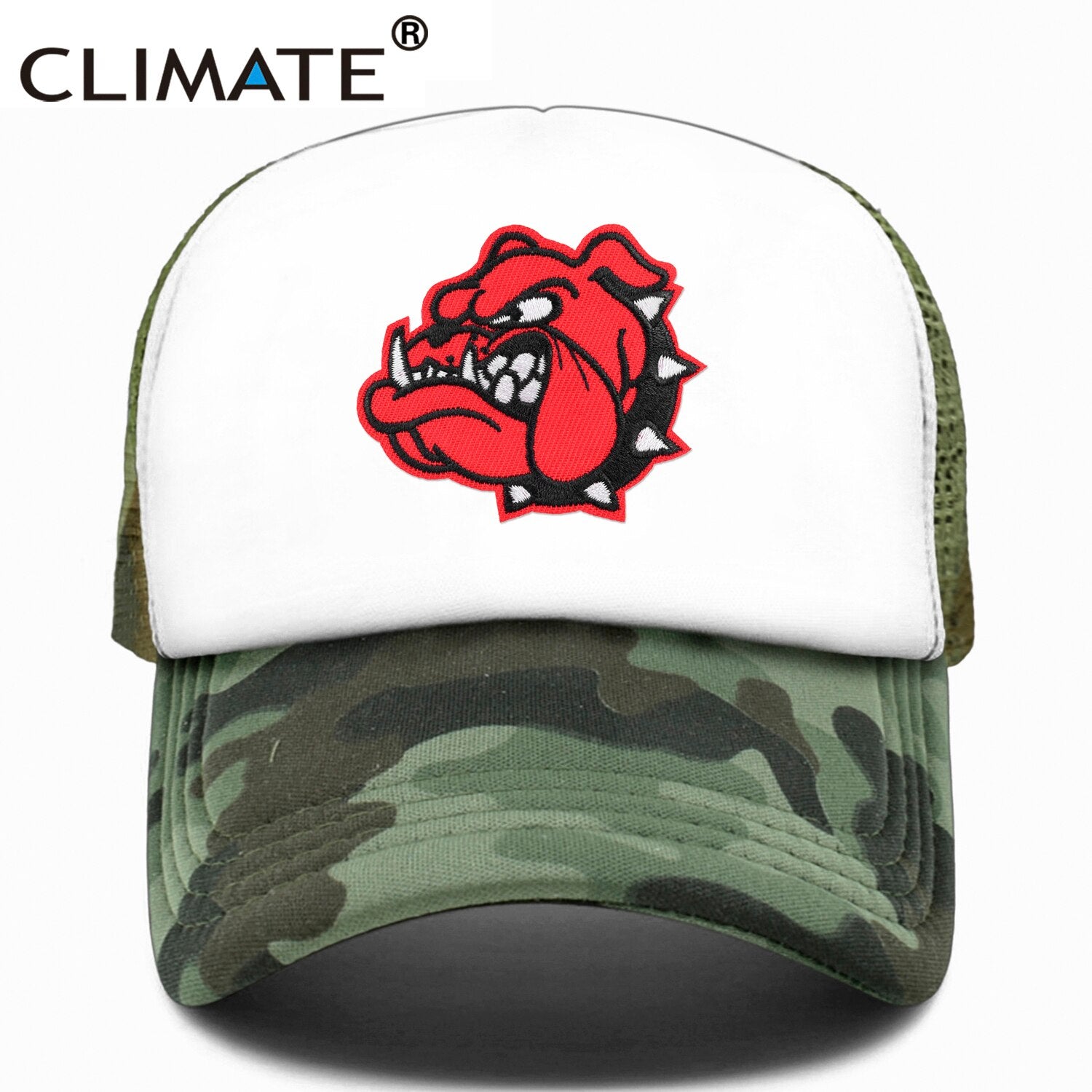 CLIMATE Cool Pitbull Dog Cap New Bulldog Trucker Cap Fierce Feral Red Dog Cartoon Mesh Cap Hip Hop Summer Hat Caps for Men