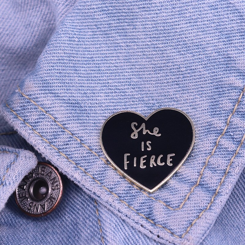 "She's Fierce" Black Heart-shaped Brooch Feminist Badge