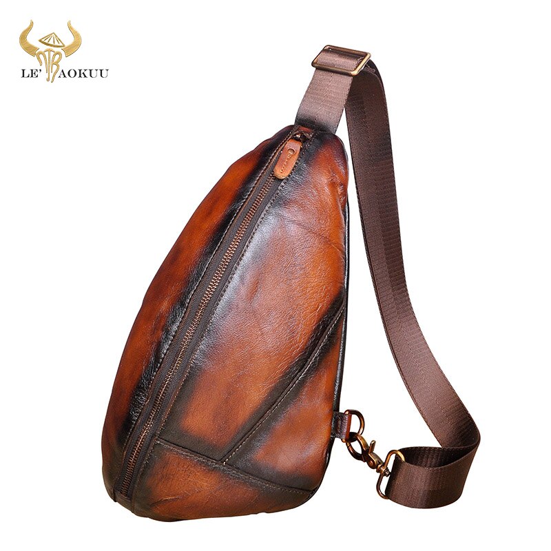 2020 Men Quality Real Leather Casual Triangle Chest Sling Bag Design One Shoulder Bag Fashion Cross-body Bag Day-pack Male 5059