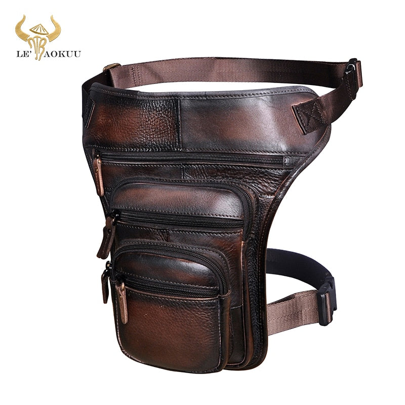 Hot Sale Original Leather Design Men Blue Messenger Mochila Bag Fashion Organizer Fanny Waist Belt Pack Drop Leg Bag Male 3111