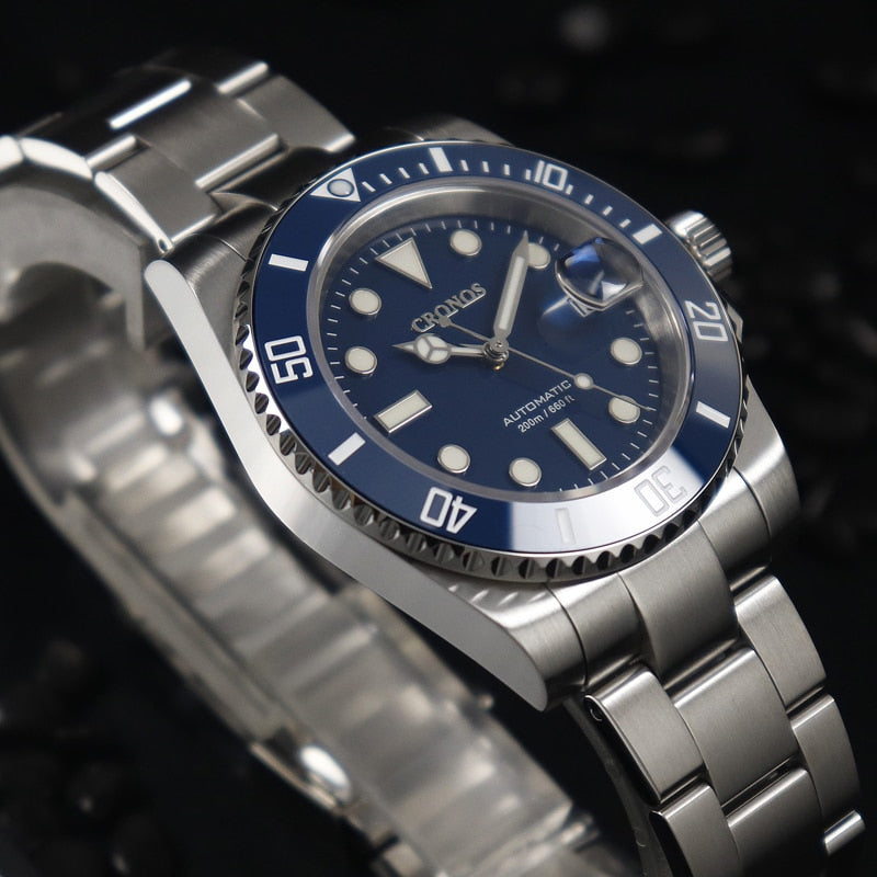 Cronos Diver Luxury Men Watch Stainless Steel PT5000 Bracelet Ceramic Rotating Bezel 200 meters Water Resistant Glidelock