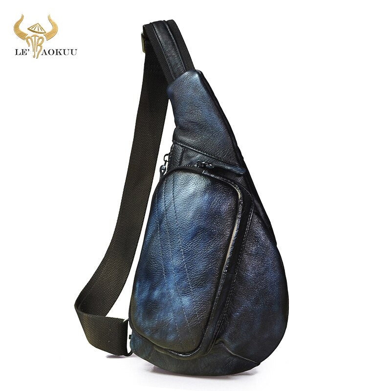 New Men Genuine Leather Fashion Blue Sling Chest Bag 8" Tablet Umbrella Design One Shoulder Bag Cross body Bag Male 8810